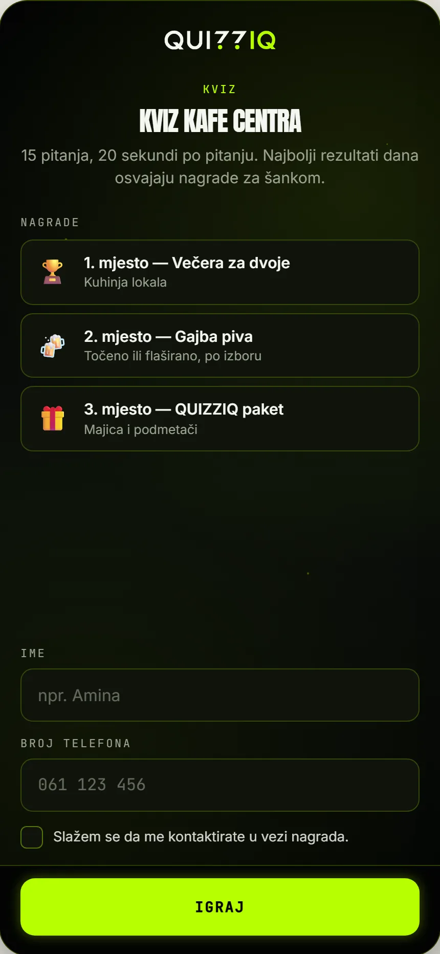 Kartica kviza s nagradama za prva tri mjesta