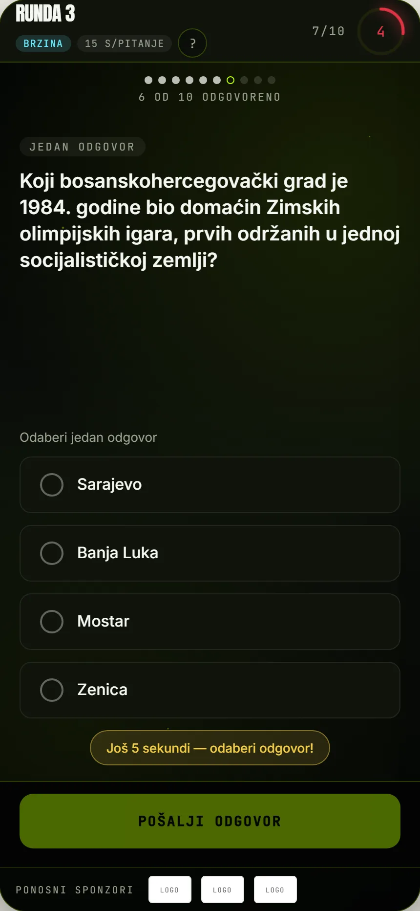 Pitanje s tajmerom od 15 sekundi