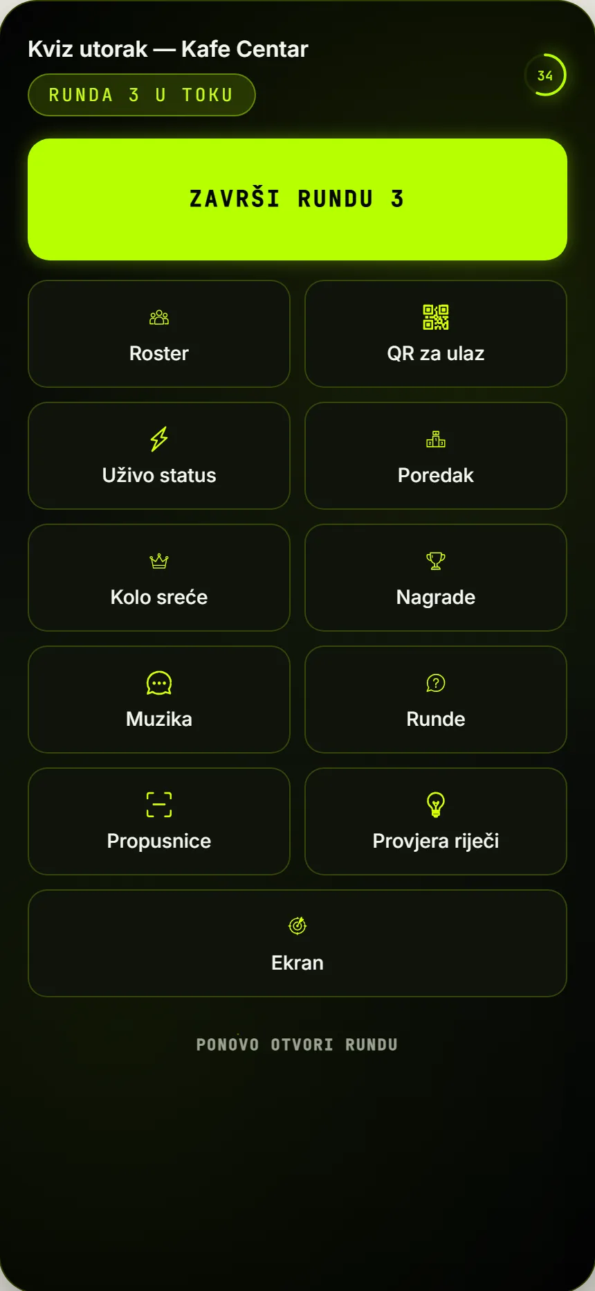Konzola voditelja: runde, poredak, Kolo sreće, muzika i ekran