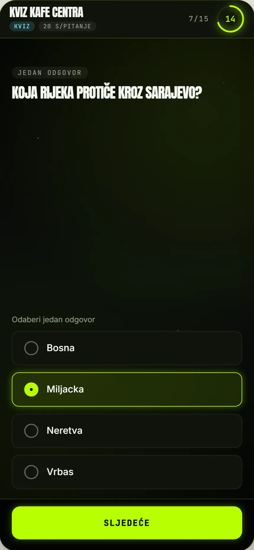 Pitanje u kvizu s kartice, 20 sekundi po pitanju