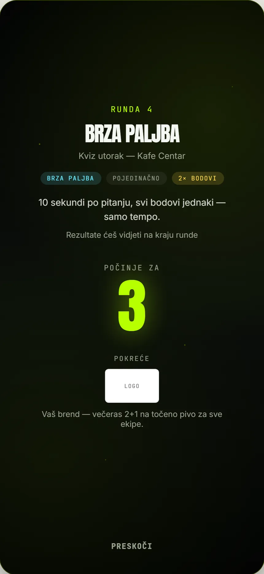 Najava runde s blokom „Pokreće“ i mjestom za logo sponzora