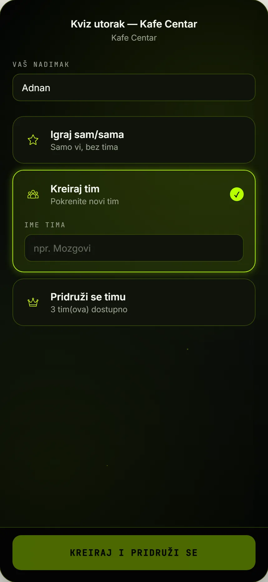 Odabir tima: igraj sam, kreiraj tim ili se pridruži timu