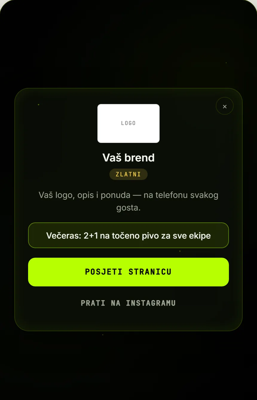 Sponzorski profil s ponudom večeri i dugmetom za web stranicu